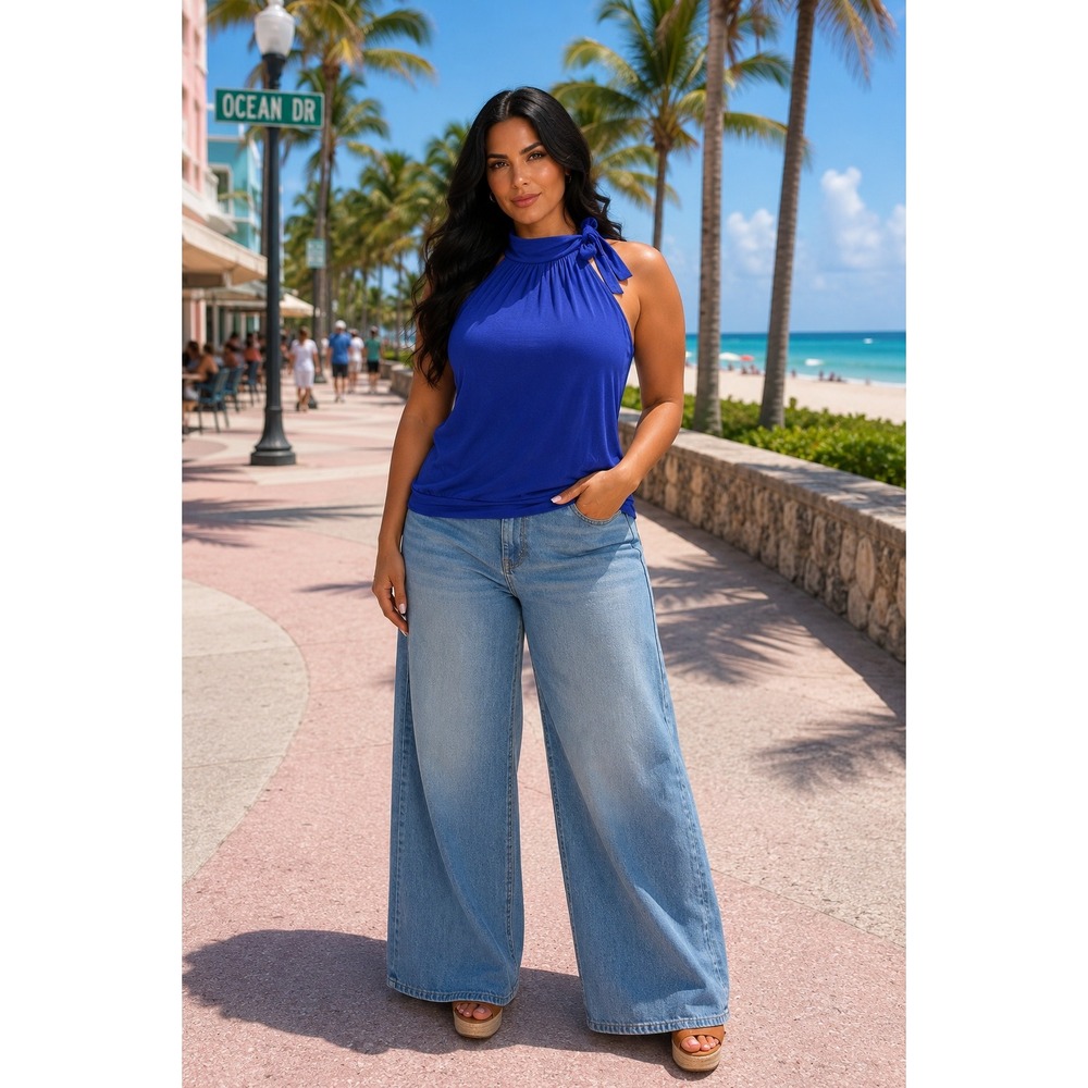 ana A New Approach Royal Blue Halter Neck Tie Top 1X Sleeveless Blouson Blouse